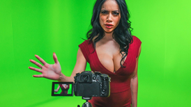 Horny weather girl Victoria June gets fucked off the camera