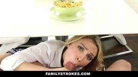 Stepdaughter blows daddy during a family dinner