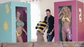 August Taylor and Nicolette Shea fucking a hung dude on a couch