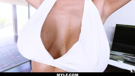 Classy blond MILF copulates with stud in living room