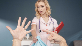 Slutty nurse in red lingerie slides on a cock