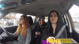 Fake Driving School readhead teenager and big-titted MILF inner cum shot